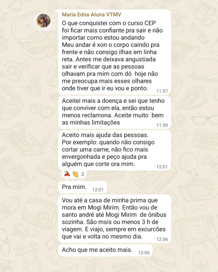 Print de conversa no WhatsApp com o relato de um aluno do Programa CEP