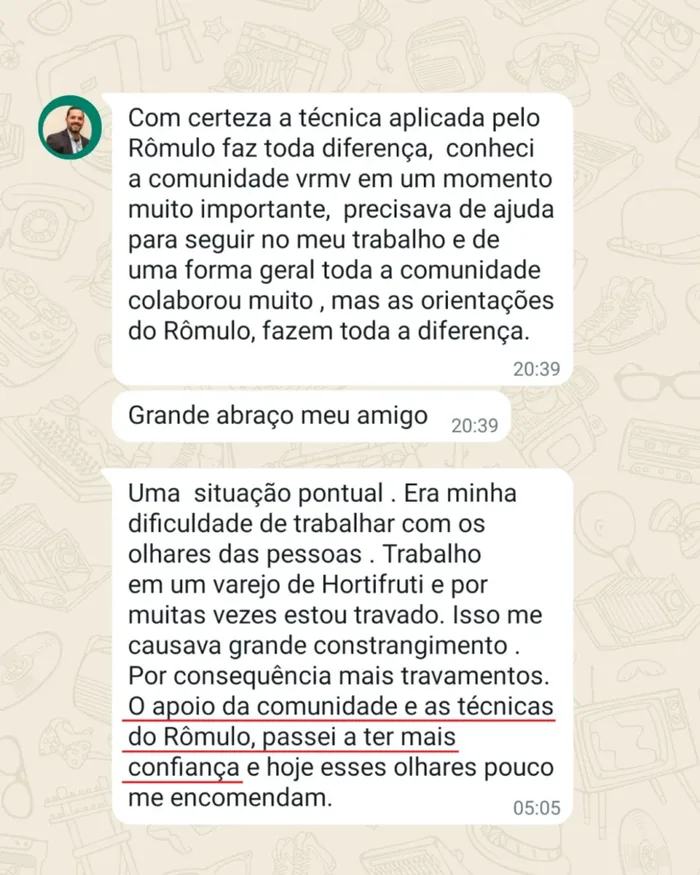 Print de conversa no WhatsApp com o relato de um aluno do Programa CEP