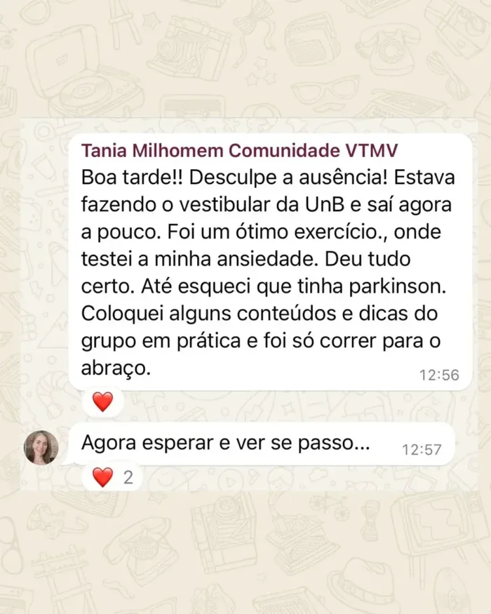 Print de conversa no WhatsApp com o relato de um aluno da comunidade Vou Tremendo Mas Vou