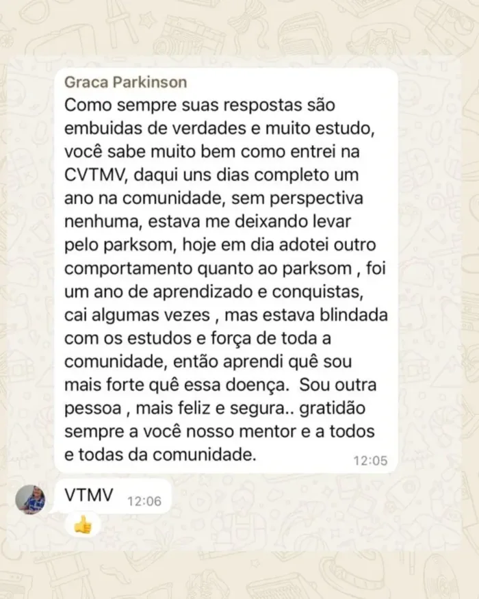 Print de conversa no WhatsApp com o relato de um aluno da comunidade Vou Tremendo Mas Vou