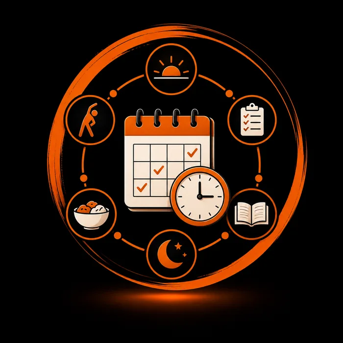 Calendário com dias marcados e um relógio, cercado por ícones de nascer do sol, alongamento, refeição, lua, livro e lista de tarefas.