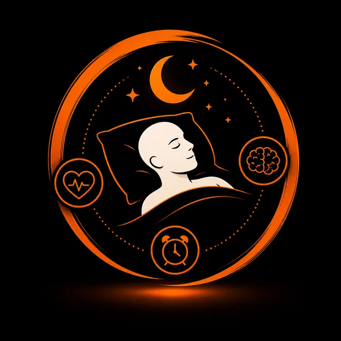 Pessoa dormindo tranquila no travesseiro sob lua e estrelas, cercada por ícones de coração com batimento, cérebro e despertador.