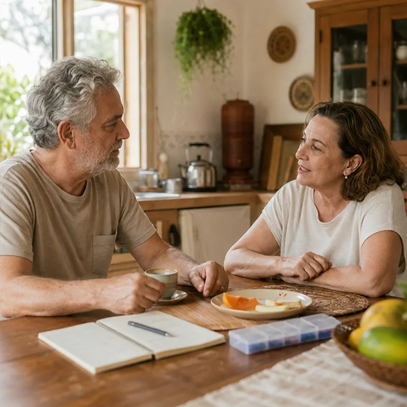 Casal de mais idade tomando café da manhã na cozinha, conversando, com caderno de rotina e organizador semanal de comprimidos sobre a mesa.