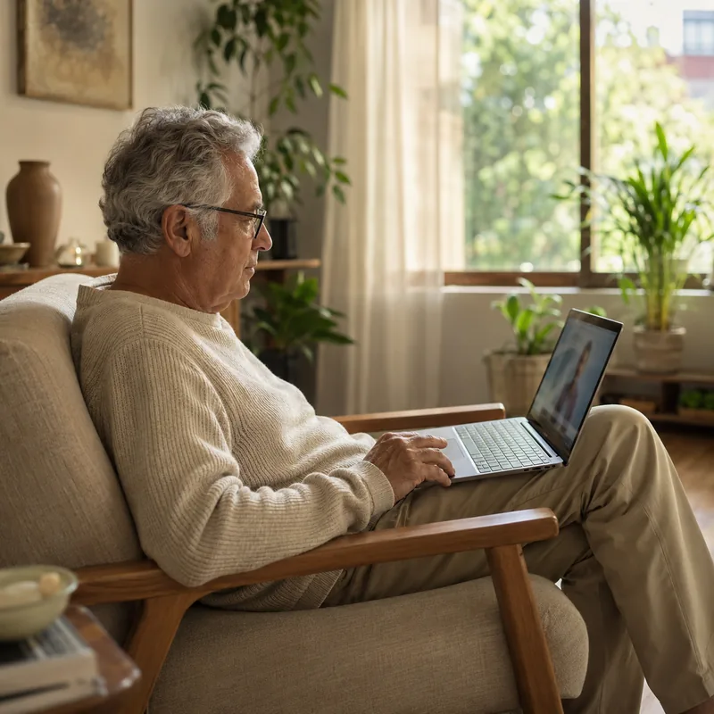 Homem de mais idade sentado na poltrona da sala, assistindo a uma aula no notebook apoiado no colo, com luz natural da janela.